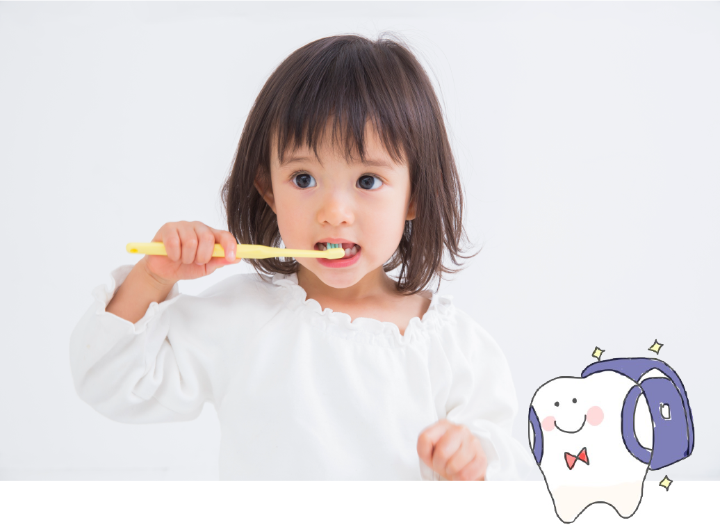 女の子が歯磨きをしている写真と歯がランドセルを背負っているイラスト